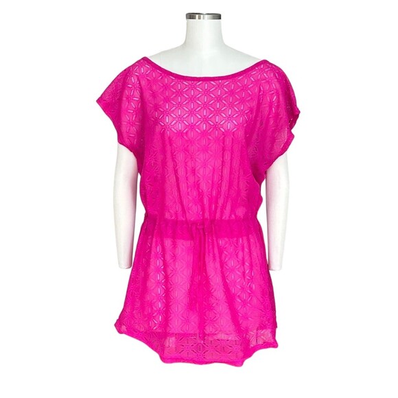 BLU Cover Up Tunic Dress Womens  Hot Pink Crochet Lace Drawstring Waist - Picture 7 of 7